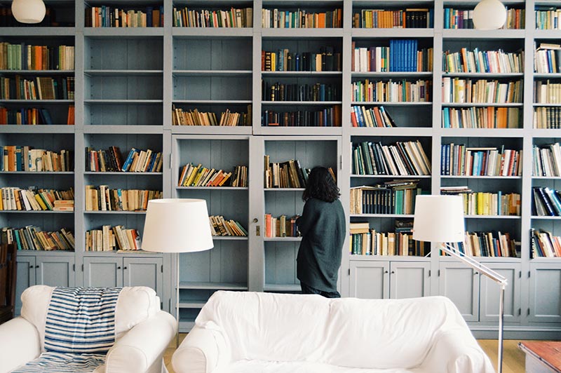 bibliothèque remplie de livres dans un salon