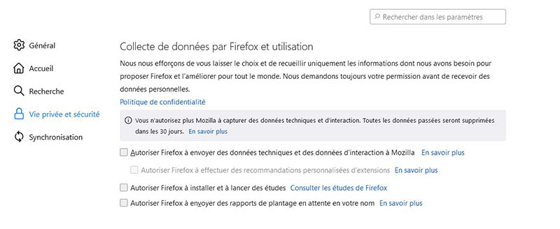 Bloquer la collecte des données par Firefox